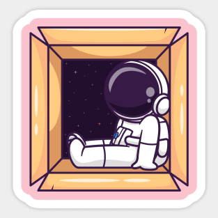 Cute Astronaut Sleeping In Box Cartoon Sticker